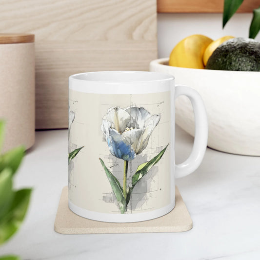 Redwood Essentials Tulip Mug - Blue White Tulip Coffee Cup (11oz ) | Buy 2 Get 3rd 50% Off